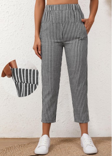 Patchwork Striped Dark Grey Elastic Waist High Waisted Pants