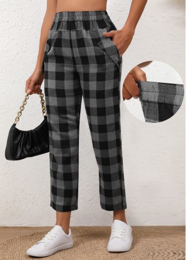 Plaid Dark Grey Marl Elastic Waist High Waisted Pants