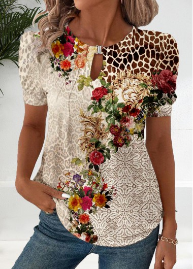 ROTITA Cut Out Floral Print Beige Round Neck T Shirt