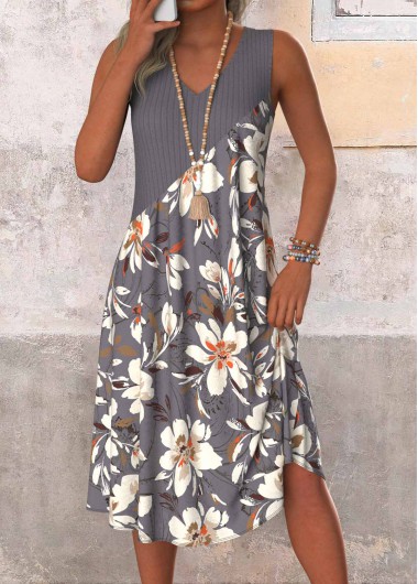 ROTITA Patchwork Floral Print Dark Grey A Line Sleeveless Dress