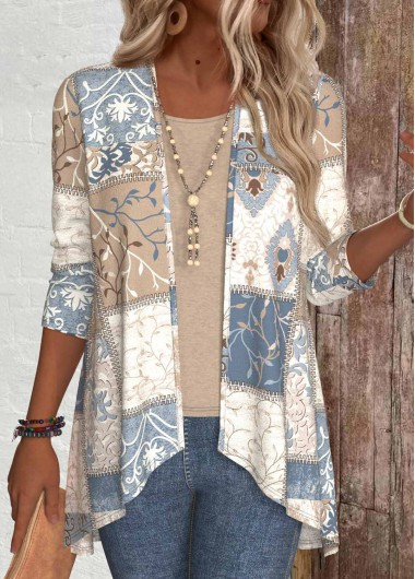 ROTITA Patchwork Geometric Print Long Sleeve Light Cardigan