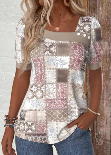 ROTITA Patchwork Geometric Print Light Pink Asymmetrical Neck T Shirt