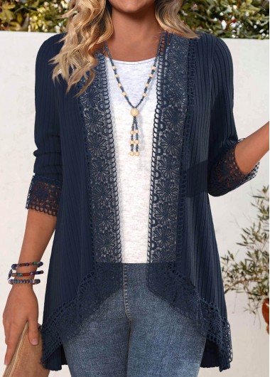 ROTITA Embroidery Navy 3/4 Sleeve Light Cardigan