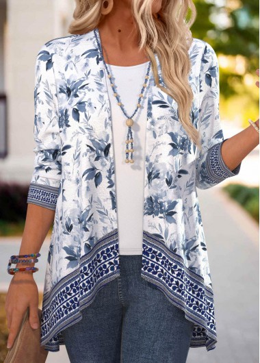 ROTITA Patchwork Floral Print Navy 3/4 Sleeve Light Cardigan