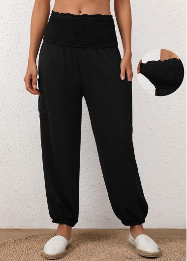 Smocked Black Jogger Elastic Waist High Waisted Pants