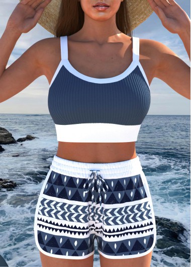 ROTITA Jacquard Dark Blue Geometric Print Bikini Set