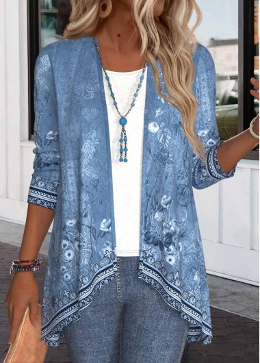 ROTITA Plus Size Patchwork Floral Print Denim Blue Light Cardigan