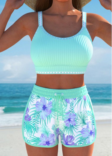 ROTITA Contrast Binding Mint Green Floral Print Bikini Set