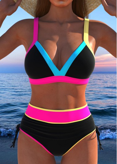 ROTITA Contrast Binding Drawstring Black Bikini Set