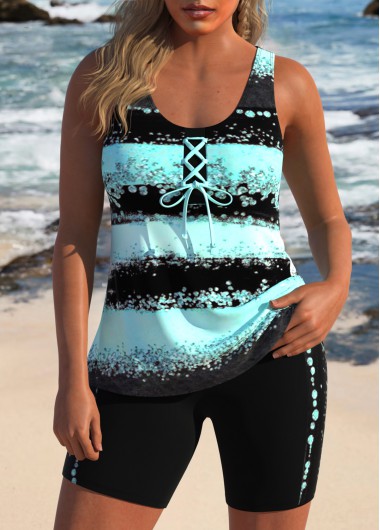 ROTITA Lace Up Mint Green Striped Tankini Set