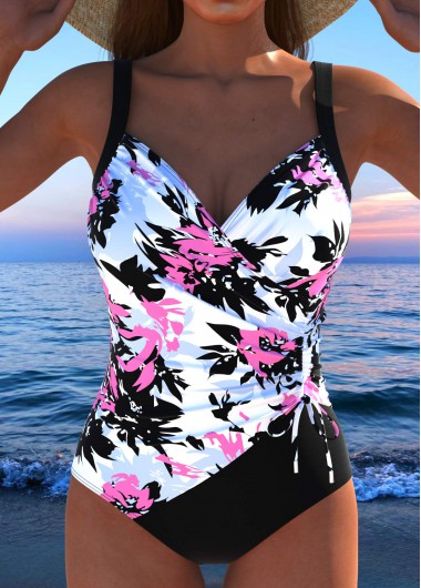 ROTITA Drawstring Pink Floral Print One Piece Swimwear