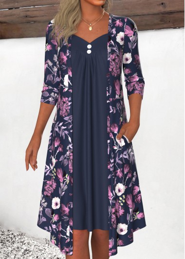 ROTITA Fake 2in1 Floral Print Navy A Line Dress