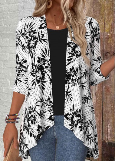 ROTITA Floral Print Black 3/4 Sleeve Light Cardigan