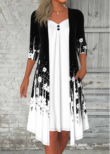 ROTITA Fake 2in1 Floral Print Black A Line Dress