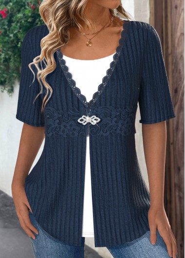 ROTITA Embroidery Navy Round Neck Fake Two Piece Twinset