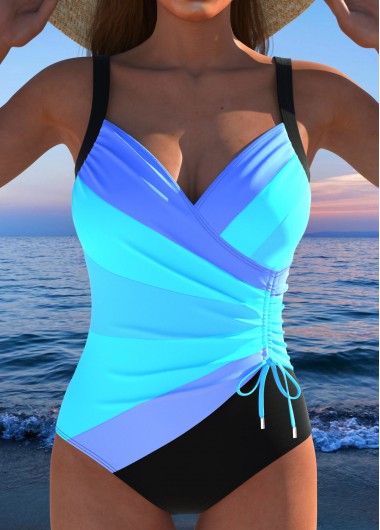 ROTITA Drawstring Blue Multi Stripe Print One Piece Swimwear