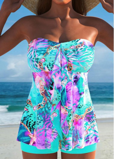 ROTITA Ruffle Multi Color Marine Life Print Tankini Set