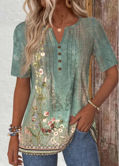 ROTITA Tuck Stitch Random Floral Print Sage Green T Shirt