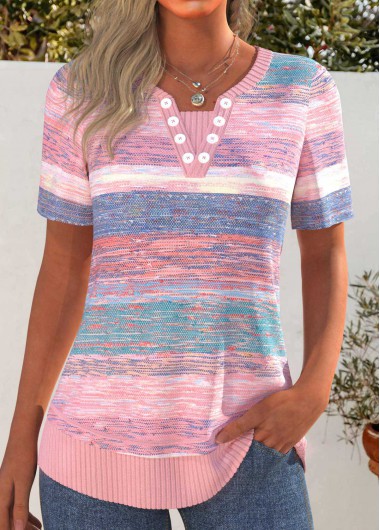 ROTITA Patchwork Striped Pink Split Neck Short Sleeve T Shirt