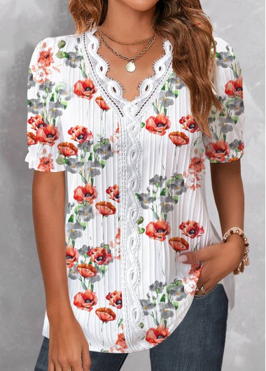 ROTITA Patchwork Floral Print White V Neck T Shirt