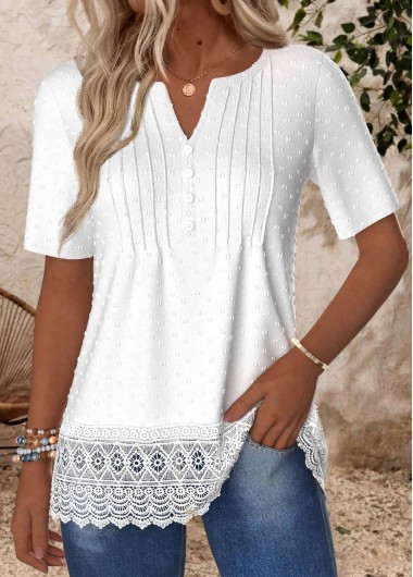 ROTITA Embroidery White Split Neck Short Sleeve T Shirt