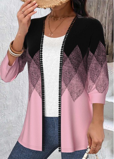 ROTITA Embroidery Geometric Print Black Round Neck Light Cardigan