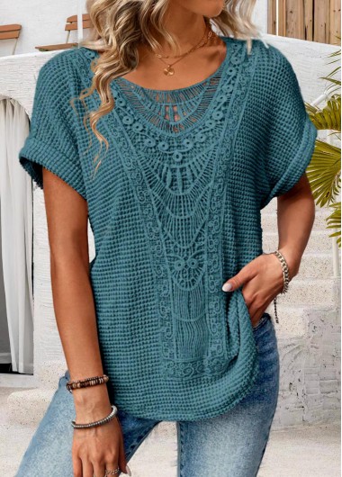 ROTITA Patchwork Blue Round Neck Short Sleeve T Shirt