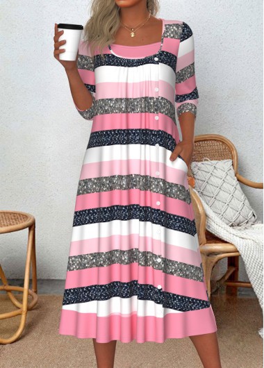 ROTITA Patchwork Striped Pink A Line Scoop Neck Dress