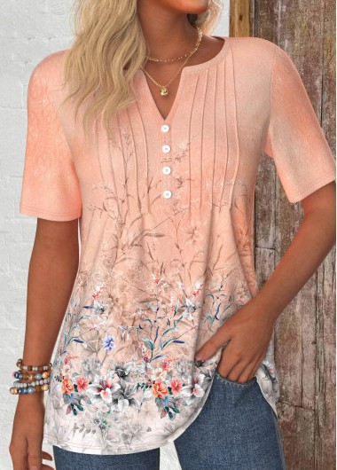 ROTITA Button Floral Print Dusty Pink Split Neck T Shirt