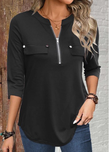 ROTITA Zipper Black Split Neck 3/4 Sleeve Shirt
