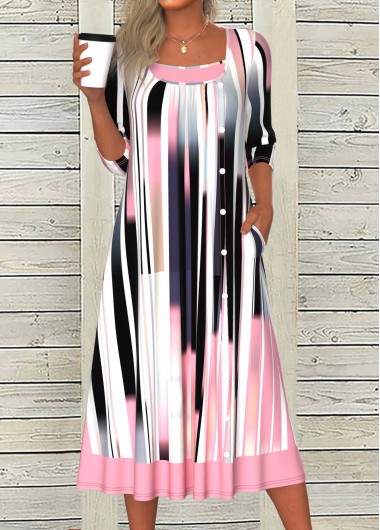 ROTITA Patchwork Geometric Print Pink A Line Scoop Neck Dress
