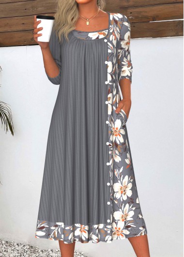 ROTITA Patchwork Floral Print Dark Grey A Line Dress