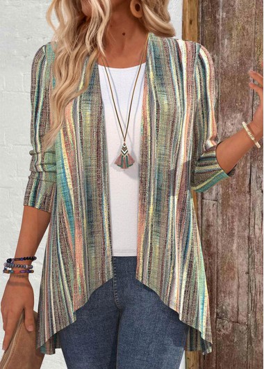 ROTITA Ruffle Multi Stripe Print 3/4 Sleeve Light Cardigan