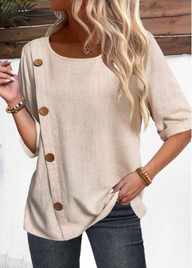 ROTITA Button Light Camel Round Neck Half Sleeve Shirt
