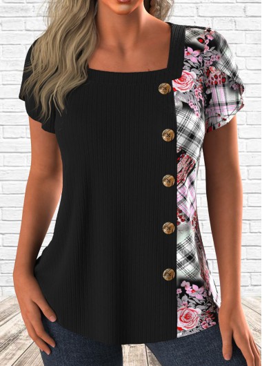 ROTITA Button Patchwork Black Square Neck Short Sleeve T Shirt