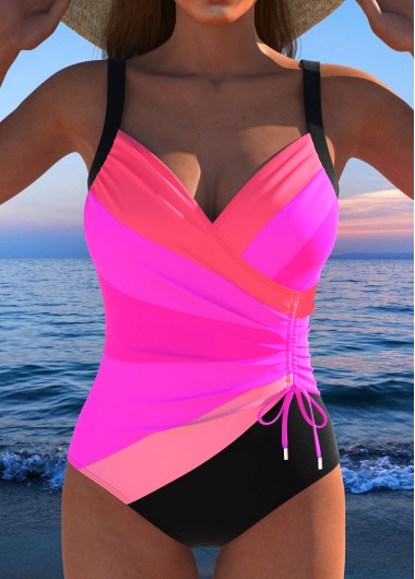 ROTITA Drawstring Hot Pink Multi Stripe Print One Piece Swimwear