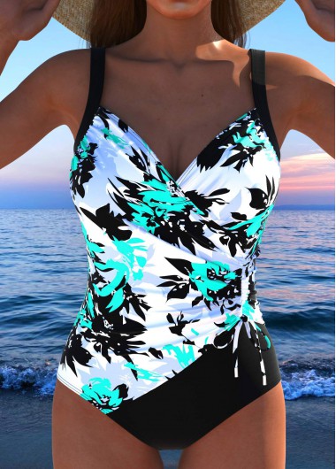 ROTITA Drawstring Cyan Floral Print One Piece Swimwear