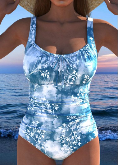 ROTITA Bowknot Dusty Blue Floral Print One Piece Swimwear