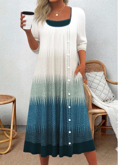 ROTITA Patchwork Geometric Print Peacock Blue A Line Dress