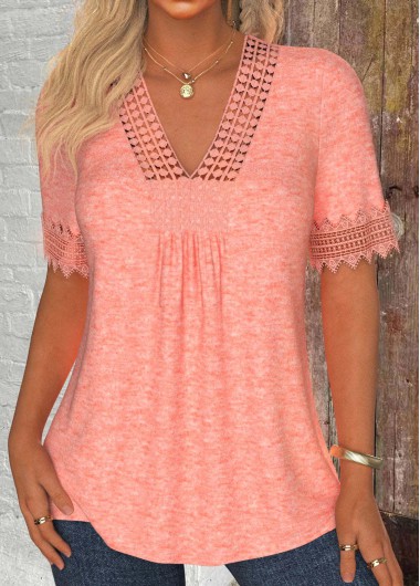 ROTITA Patchwork Pink V Neck Short Sleeve T Shirt