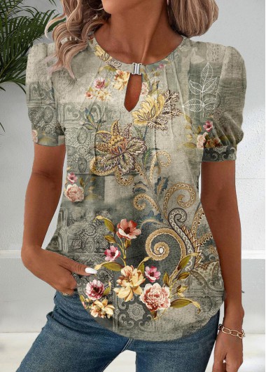 ROTITA Patchwork Floral Print Sage Green Round Neck T Shirt