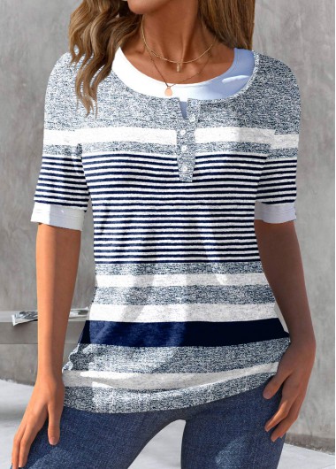 ROTITA Fake 2in1 Striped Blue Round Neck T Shirt