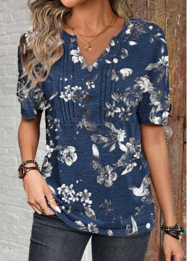ROTITA Button Floral Print Dark Blue Split Neck T Shirt