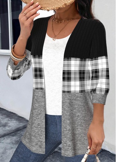 ROTITA Patchwork Plaid Black Round Neck 3/4 Sleeve Light Cardigan