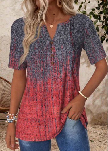 ROTITA Tuck Stitch Ombre Deep Red Split Neck T Shirt