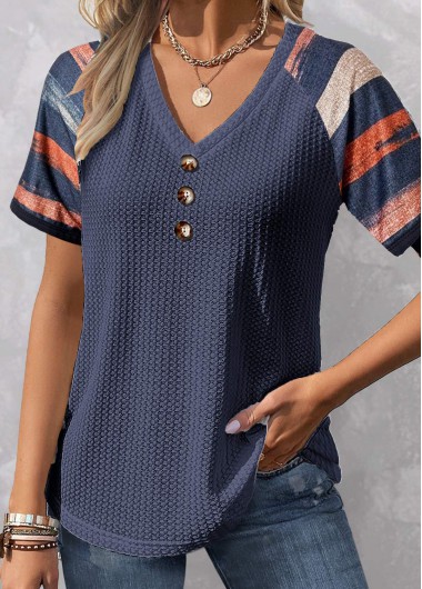 ROTITA Patchwork Striped Dark Blue V Neck T Shirt