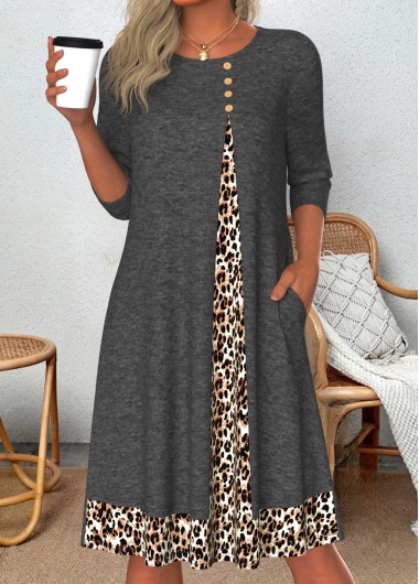 ROTITA Patchwork Leopard Dark Grey Marl A Line Dress