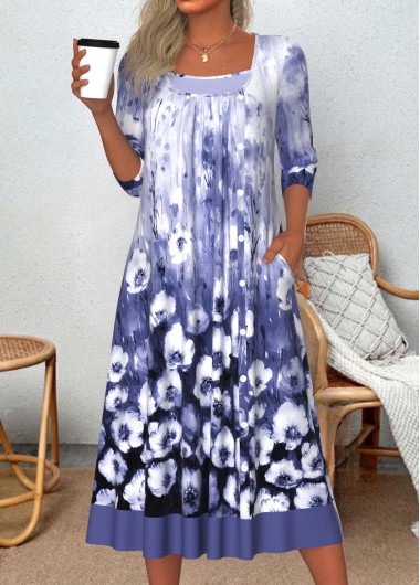 ROTITA Patchwork Floral Print Purple A Line Scoop Neck Dress