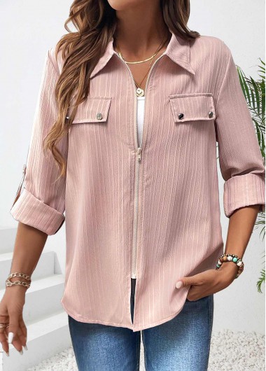 ROTITA Zipper Dusty Pink Long Sleeve Shirt