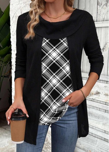 ROTITA Fake 2in1 Plaid Black Round Neck T Shirt